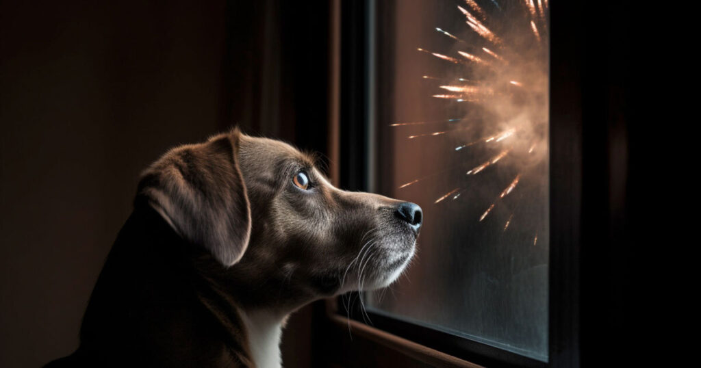 Dog looking at fireworks