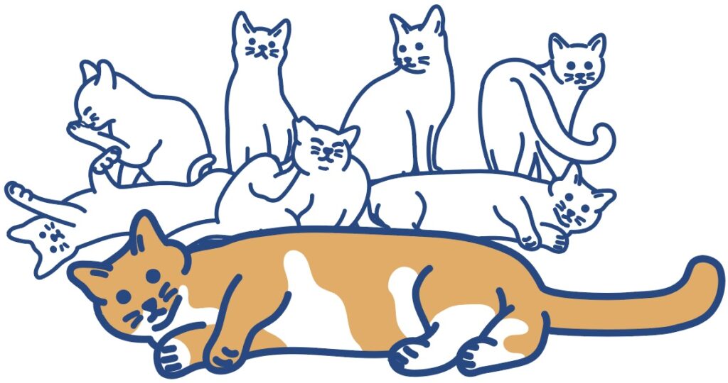 a group of cats lying on a dog