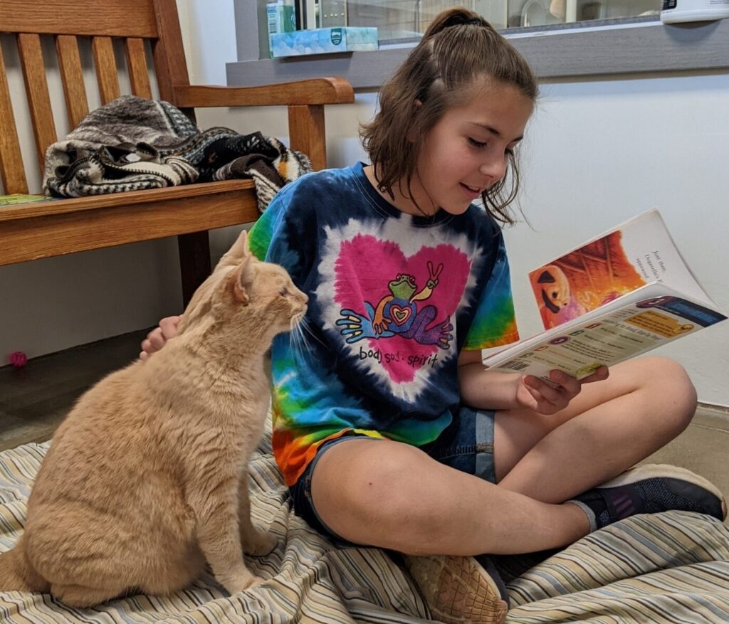 a girl reading a book with a cat