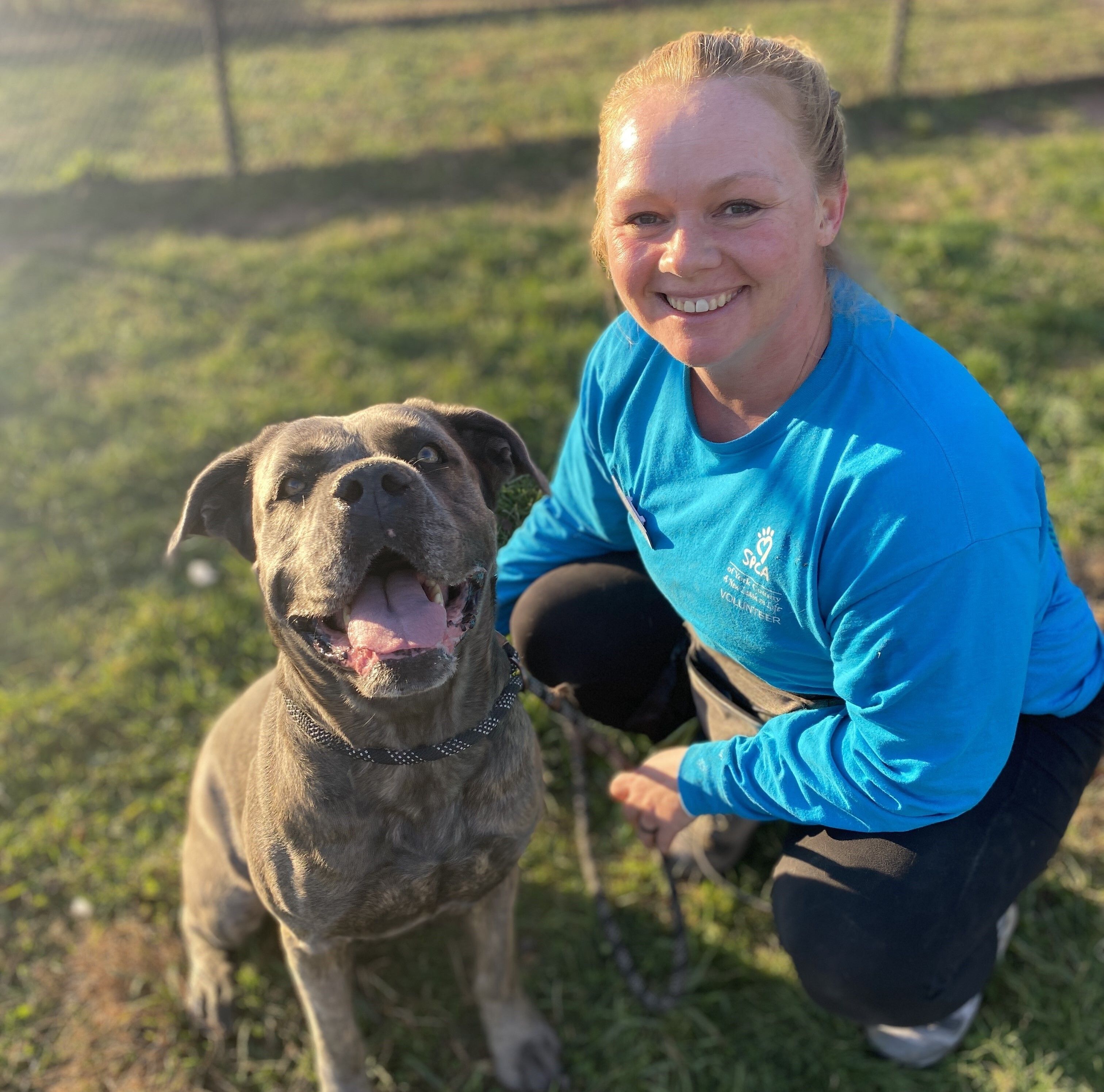 a woman kneeling next to a dog