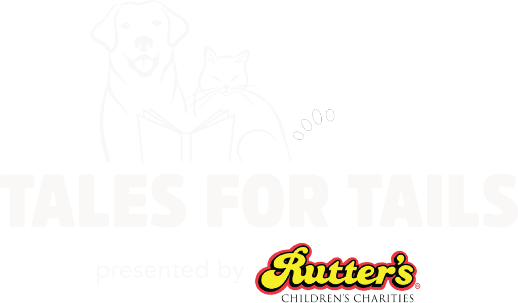 a black and white logo with a dog and cat reading a book