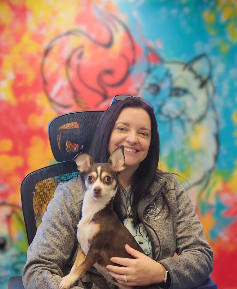 Person holding a small dog.